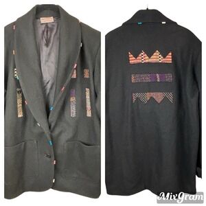 Vtg DEBORAH CROSS Textile Artist Embroidered Patchwork Wool Coat Black‎ One Size